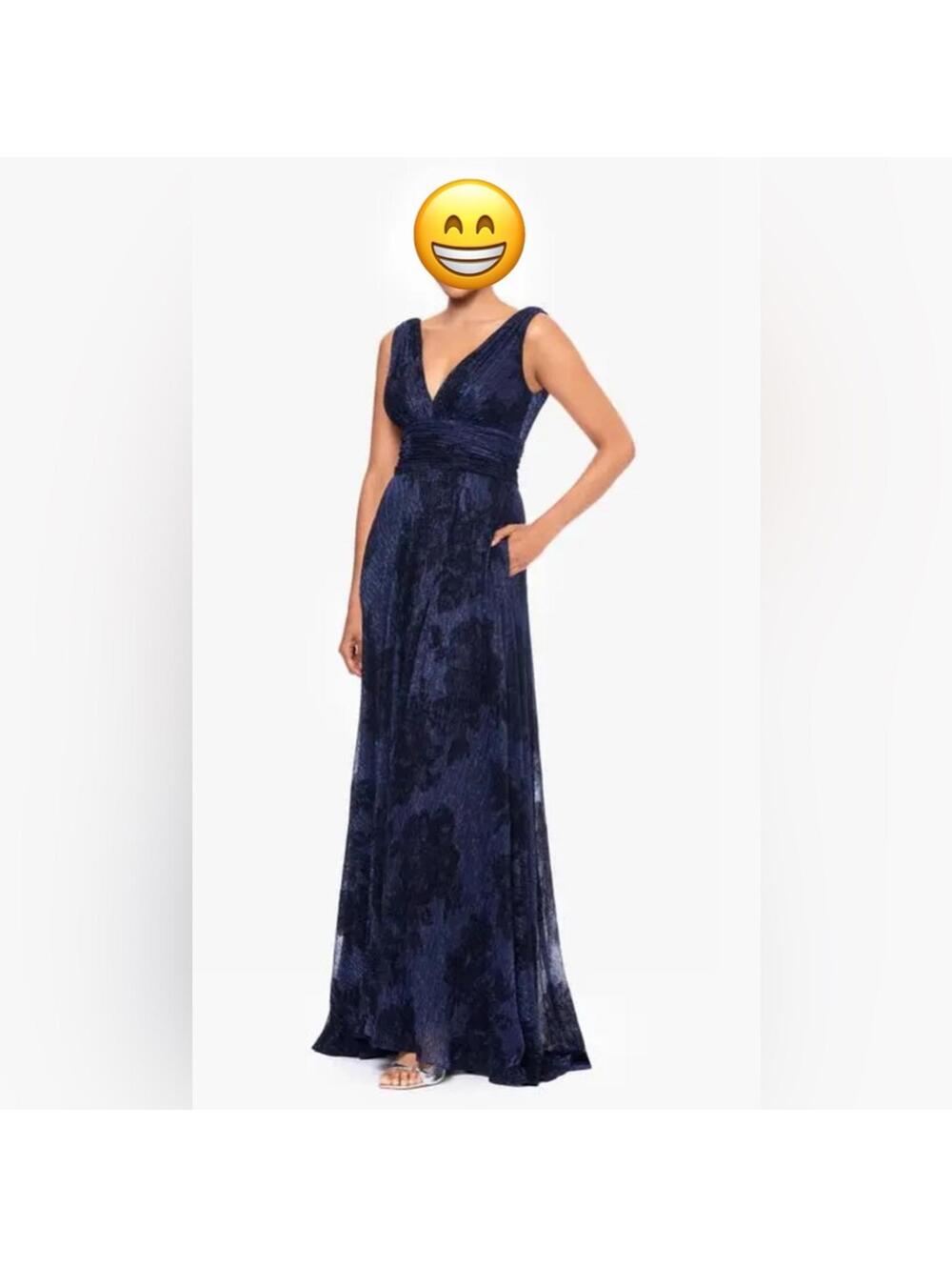 Betsy & Adam Navy Sleeveless Floral Metallic Crinkle Gown w Pockets *Flawed* NWT